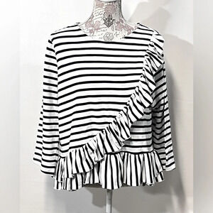 🛍️CROWN & IVY Black and‎ white striped ruffle top size PL.